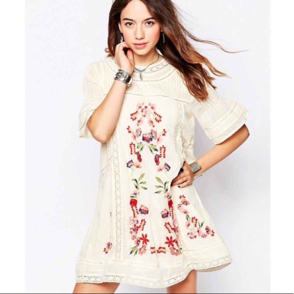 Free People Embroidered Bell Sleeve Mini Dress
